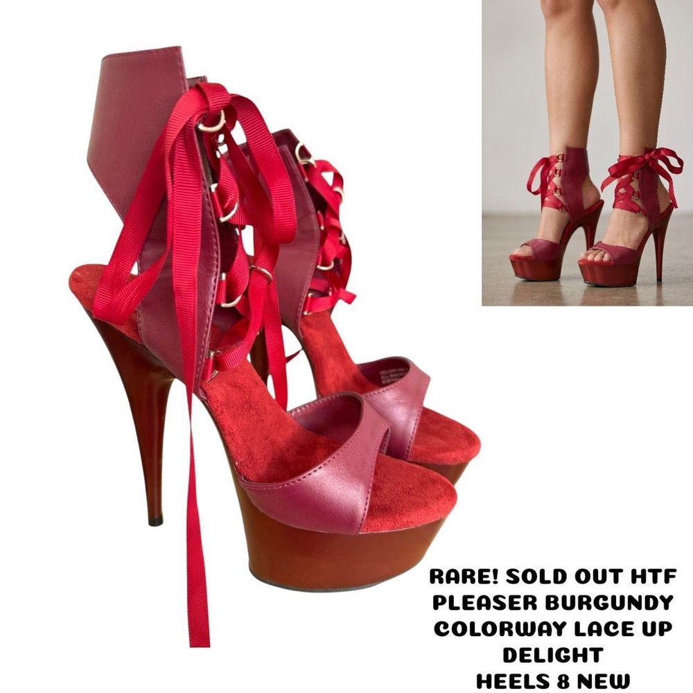 Goth Punk Pleaser Burgundy Ribbon Lace Up Platform Heels Delight 600-14 Size 8